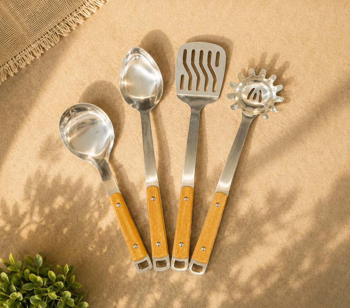 4 piece stainless steel cooking spoon set with wooden handles | Saify Homes