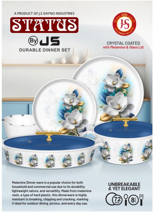 STATUS 72 Pcs Melamine Dinner Set for 8 Persons, Crystal Coated with Glass Lid