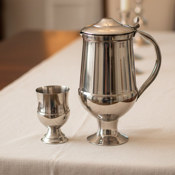 Vine goblet steel water set with jug and 6 glasses - product photo | Saify Homes Pakistan