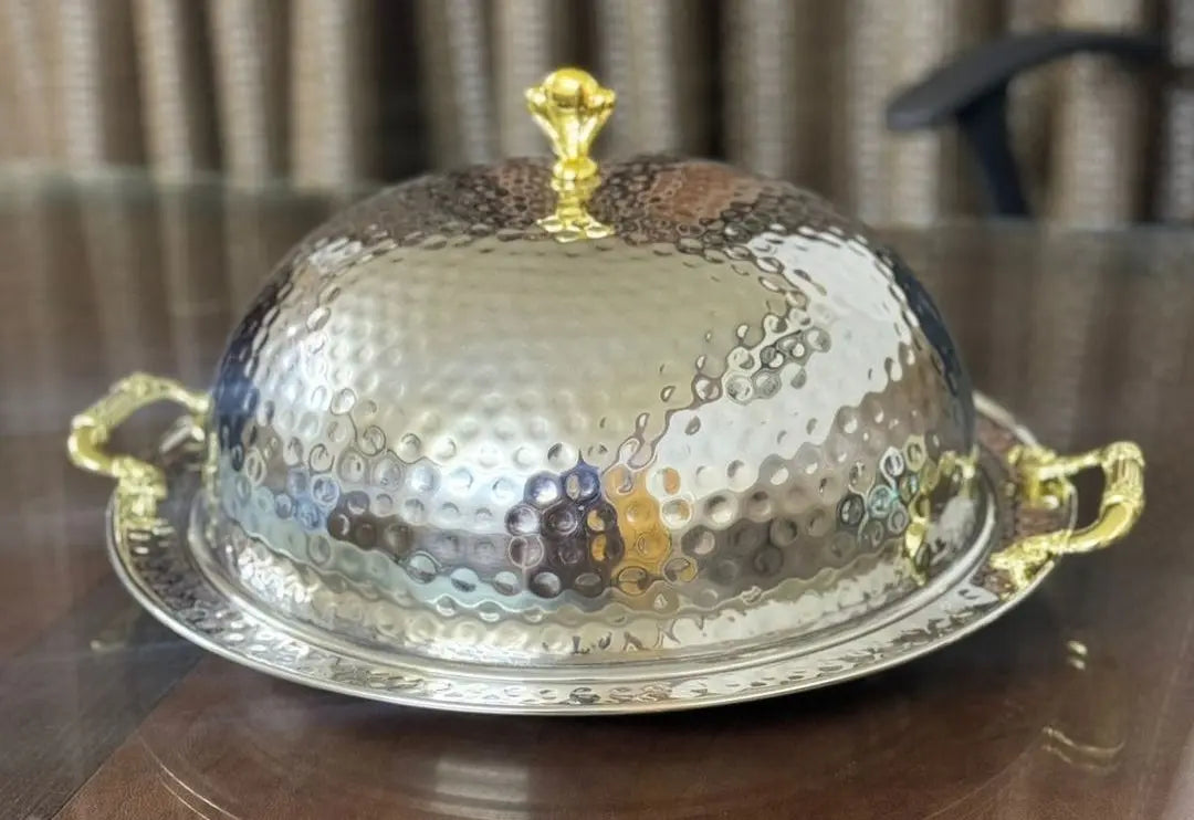 hammered stainless steel BBQ serving platter with dome lid - view 3