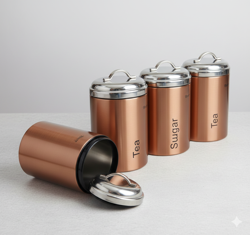 Copper Color Stainless Steel Canister Set of 3 | Coffee, Sugar & Tea Kitchen Storage Jars with Lid | Price in Pakistan – image 3