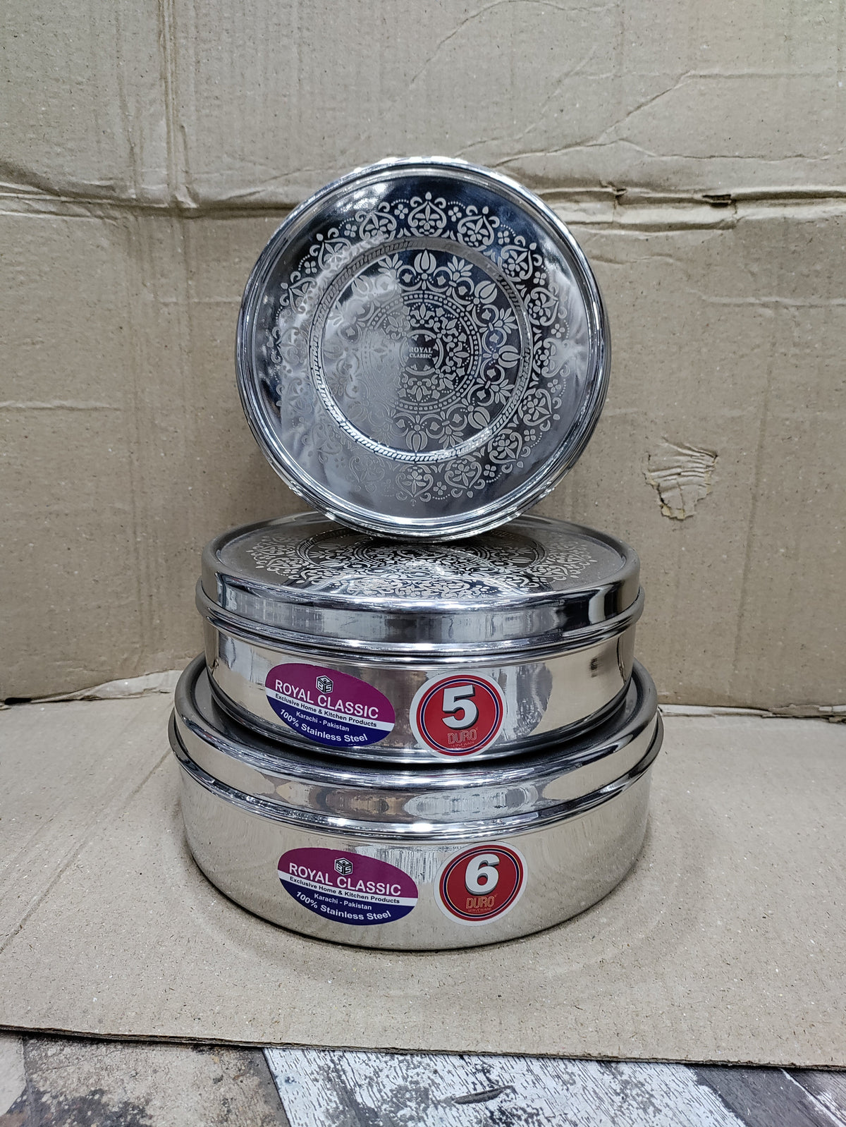 3 piece stainless steel puri dabba set with laser flower print – photo 8
