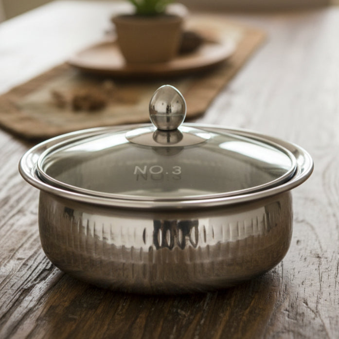 hammered stainless steel serving handi with glass lid