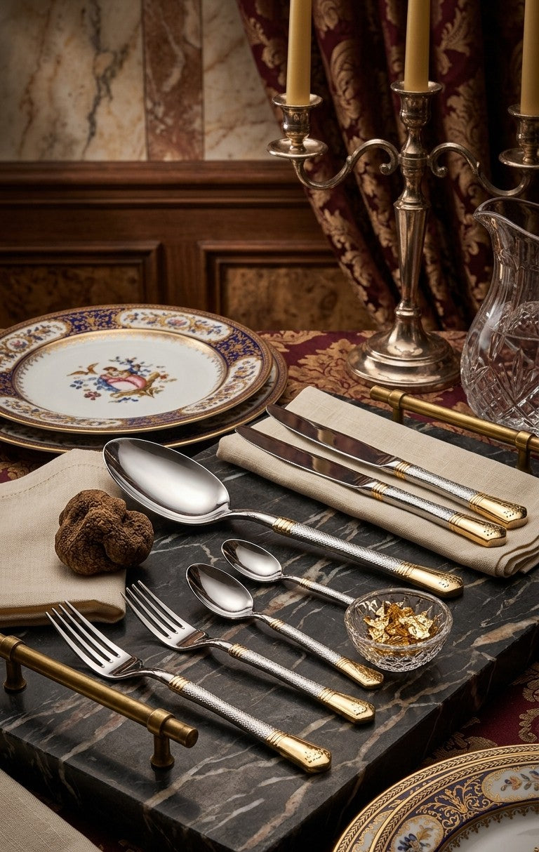 Gold and silver diamond-cut heavy stainless steel cutlery | Saify Homes