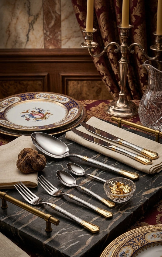Gold and silver diamond-cut heavy stainless steel cutlery | Saify Homes