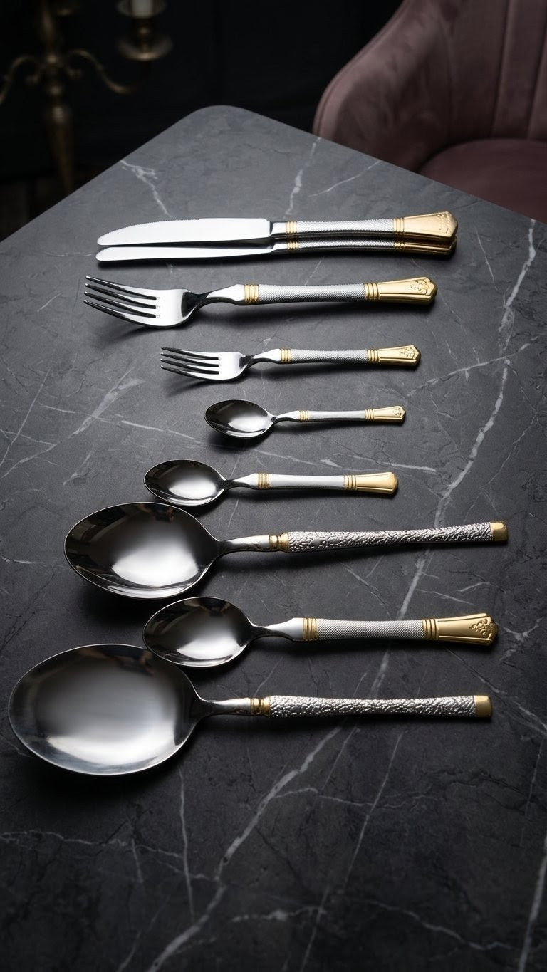Gold and silver diamond-cut heavy stainless steel cutlery – photo 2
