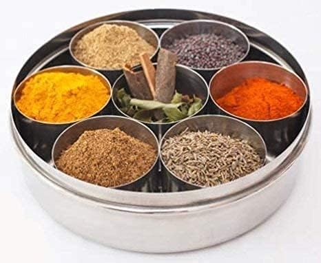 Round stainless steel masala box with steel lid and small spice bowls – photo 4