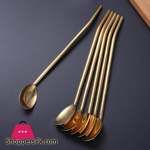 6 piece golden stainless steel 2-in-1 straw and spoon | Saify Homes