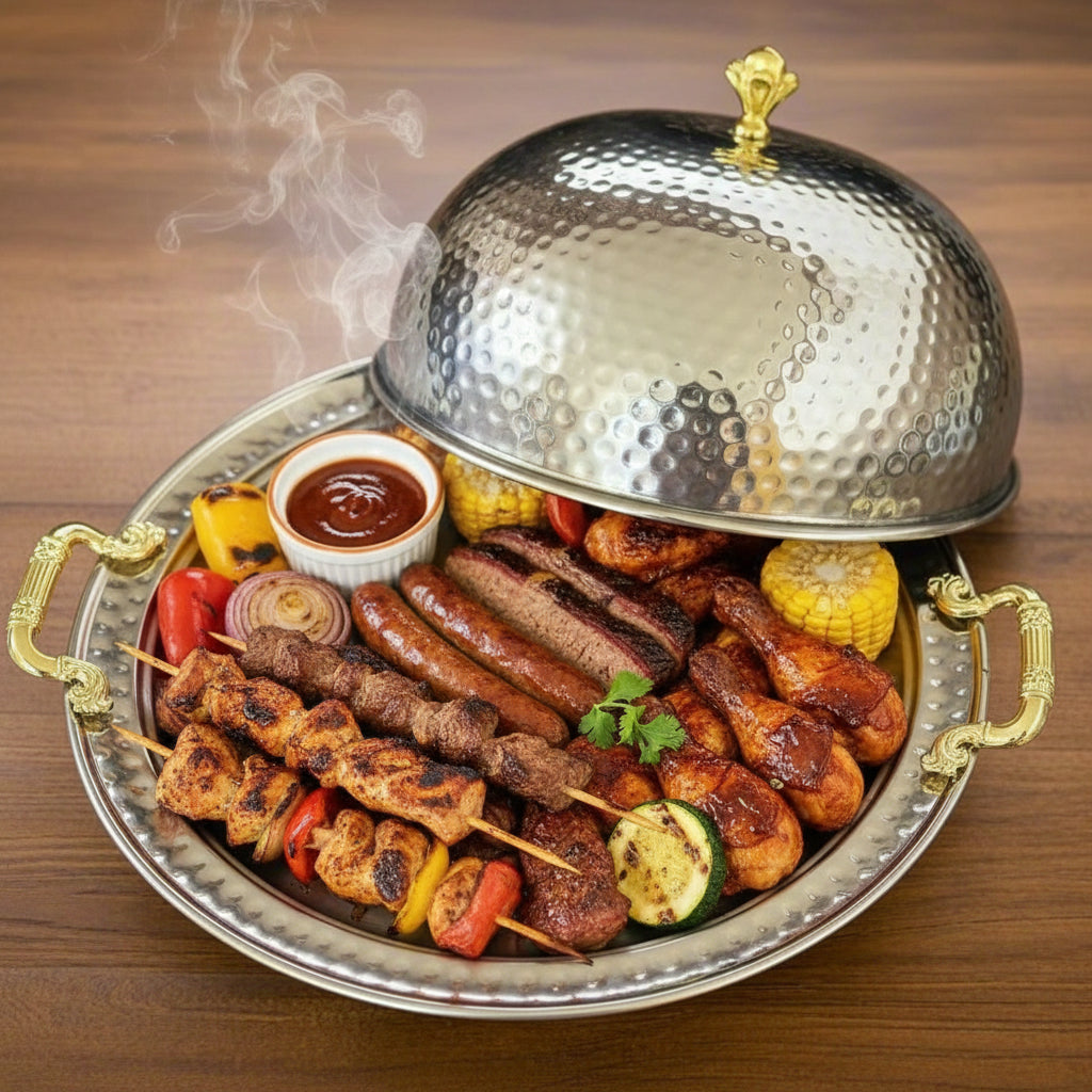 hammered stainless steel BBQ serving platter with dome lid - view 2
