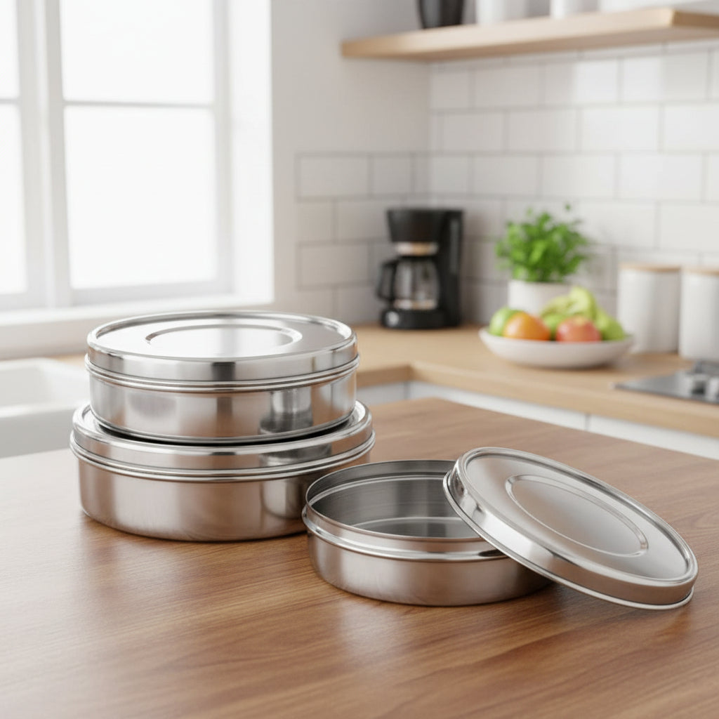 3 piece stainless steel flat round storage box set with lids | Saify Homes