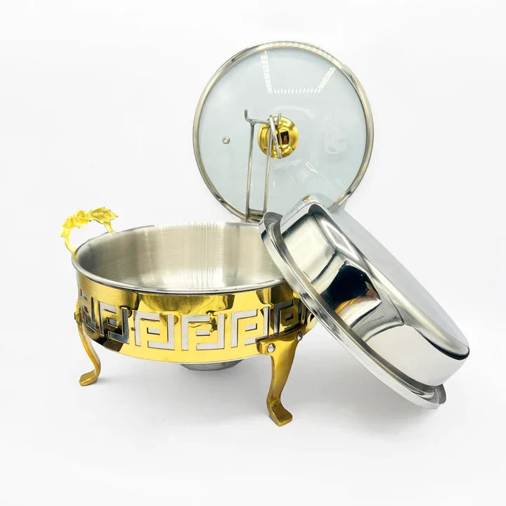 golden Greek key chafing dish with glass lid