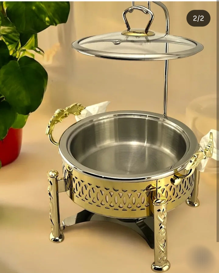 golden round chafing dish with glass lid and stand