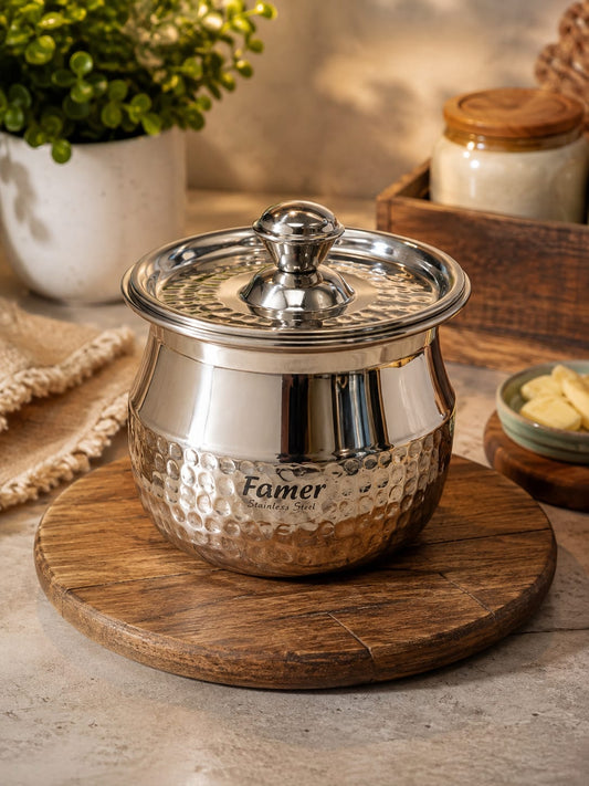 250g hammered stainless steel ghee pot in handi shape with lid | Saify Homes