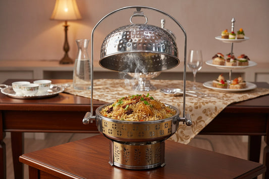 hammered dome lid chafing dish with hanging lid stand
