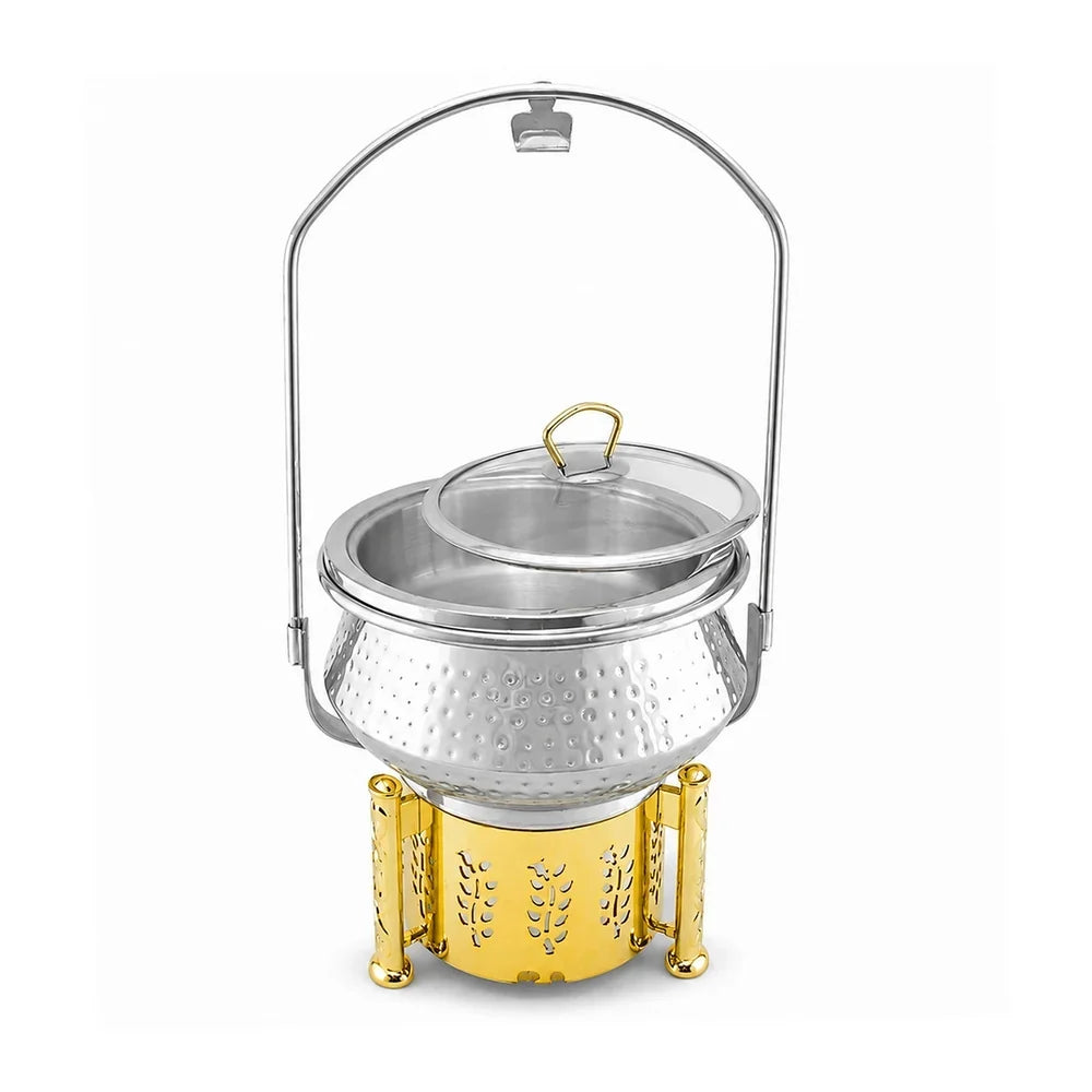 hammered chafing dish with arched handle and glass lid