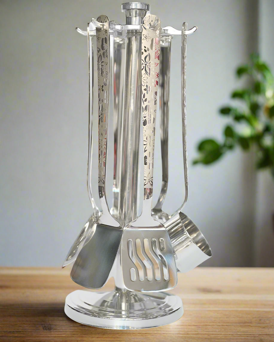 Laser print stainless steel kitchen spoon set with stand | Saify Homes