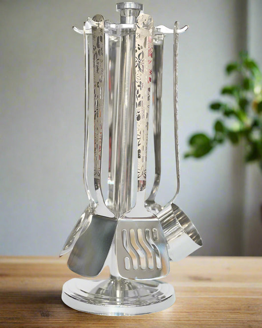 Laser print stainless steel kitchen spoon set with stand | Saify Homes