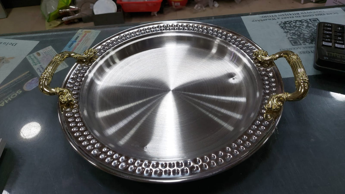 beaded rim round serving tray with gold handles - view 3