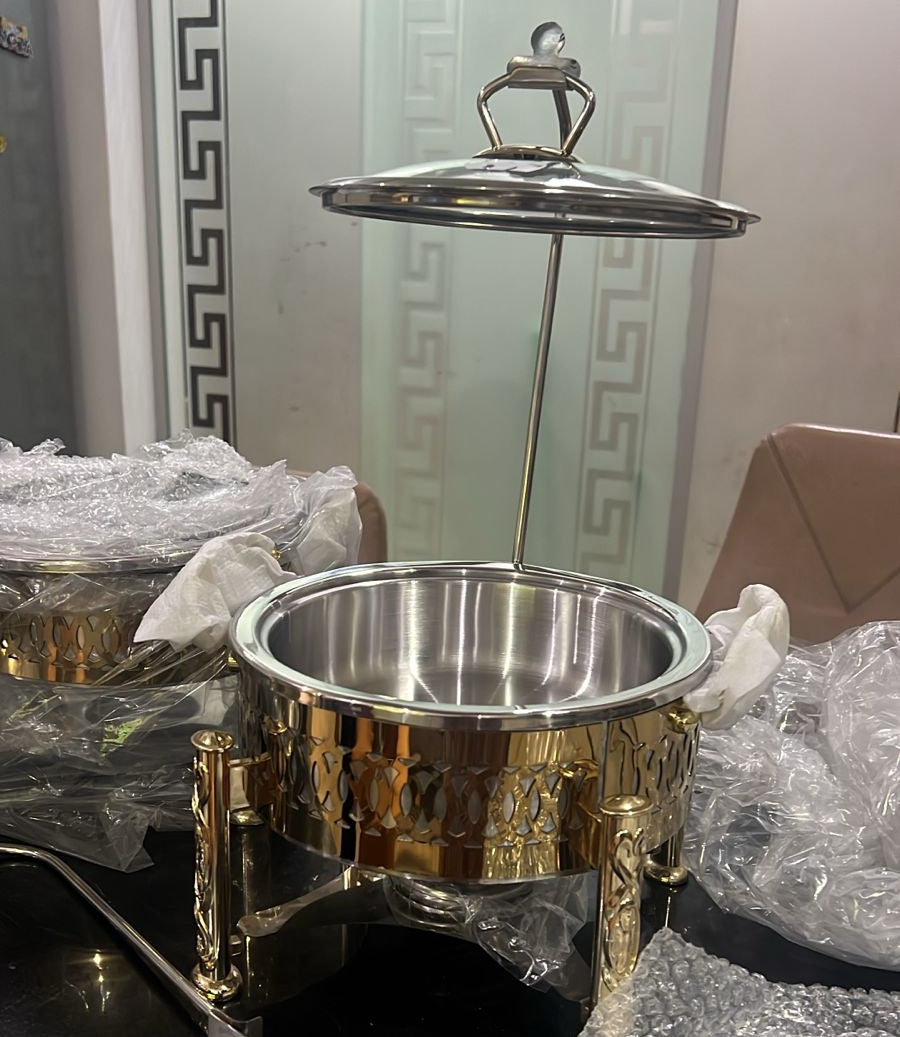 golden round chafing dish with glass lid and stand - view 3