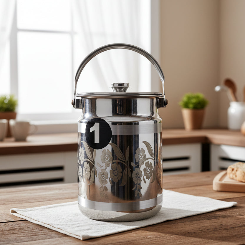 Laser flower print stainless steel milk can with domed lid and handle | Saify Homes