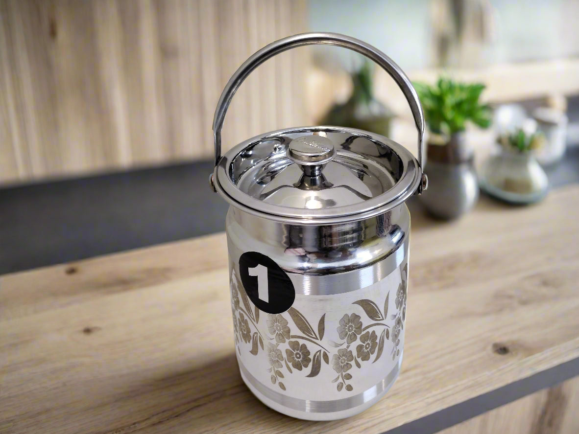 Laser flower print stainless steel milk can with domed lid and handle – photo 2