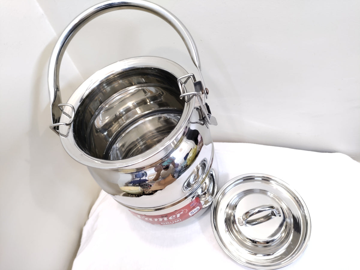 Heavy stainless steel storage drum with lockable lid and overhead handle – photo 9