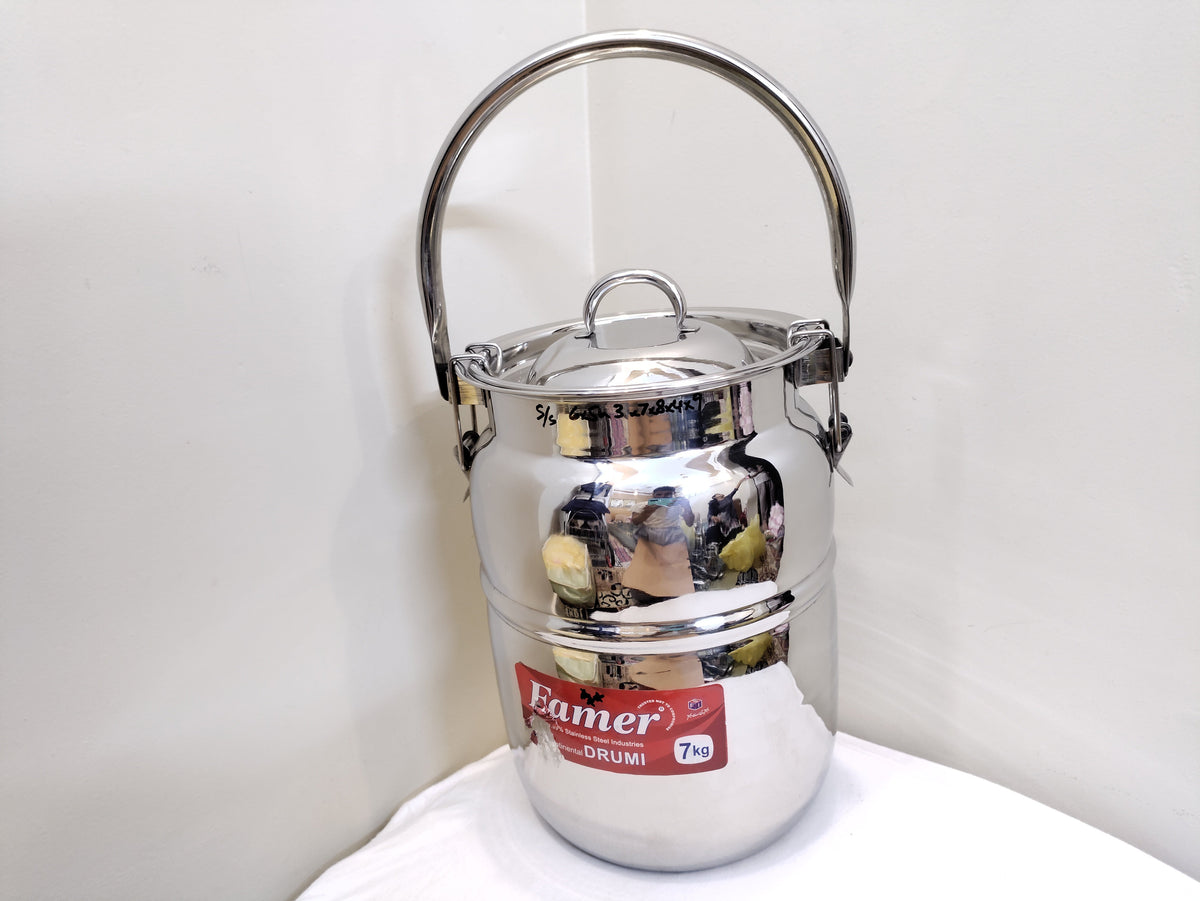 Heavy stainless steel storage drum with lockable lid and overhead handle – photo 3