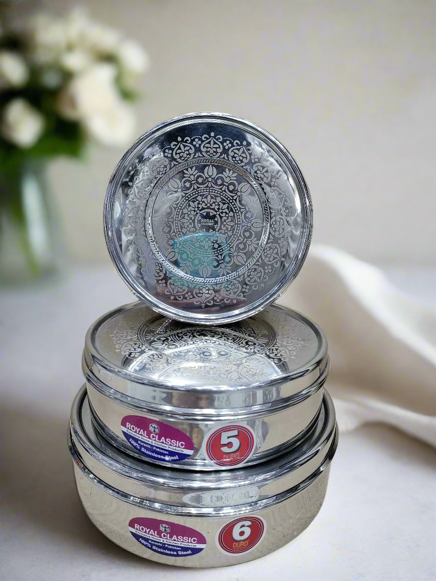 3 piece stainless steel puri dabba set with laser flower print | Saify Homes