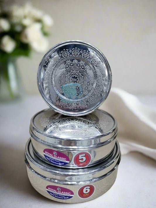 3 piece stainless steel puri dabba set with laser flower print | Saify Homes