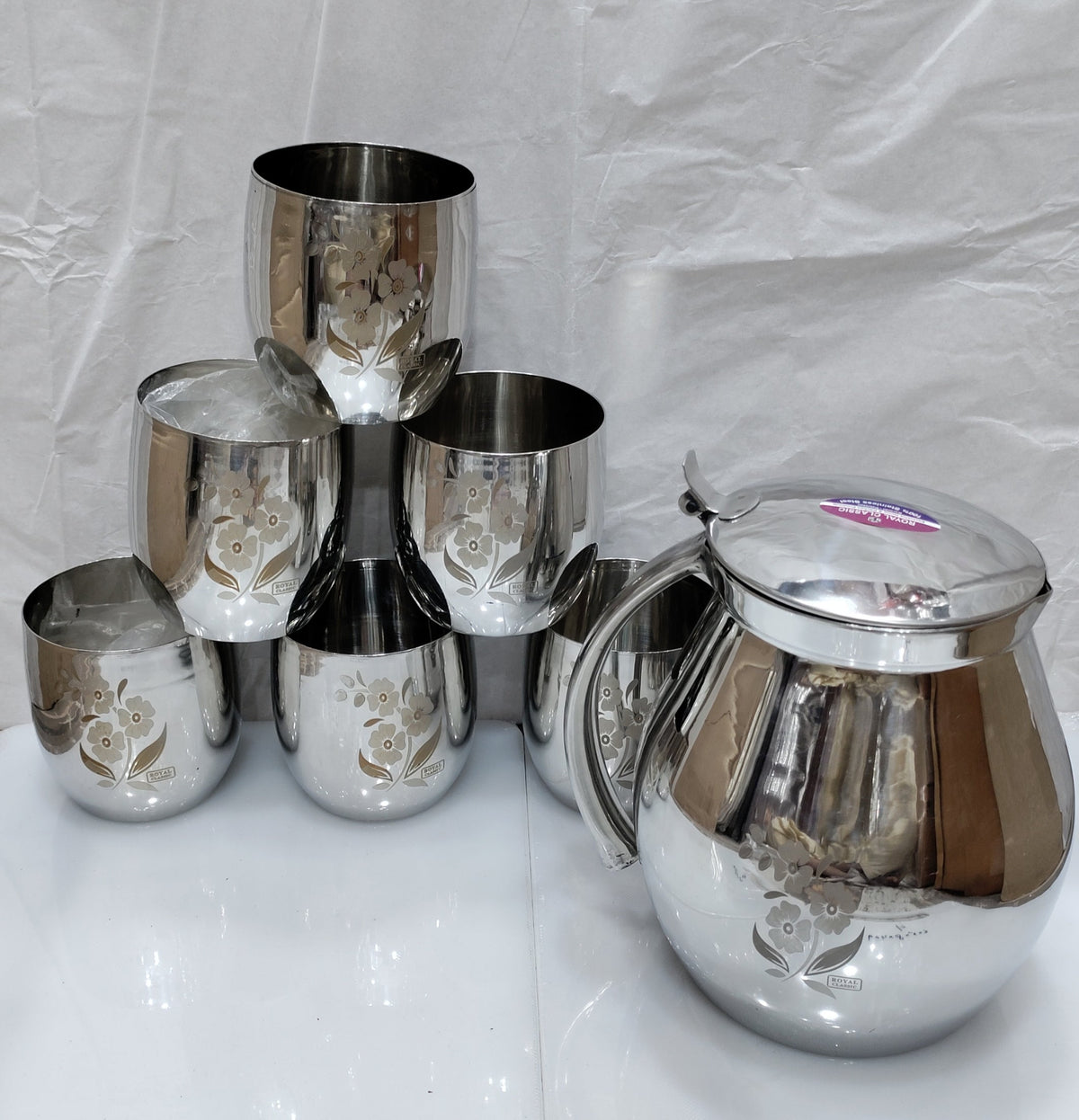 Apple shape steel water set with jug and 6 glasses - product photo 3 | Saify Homes Pakistan