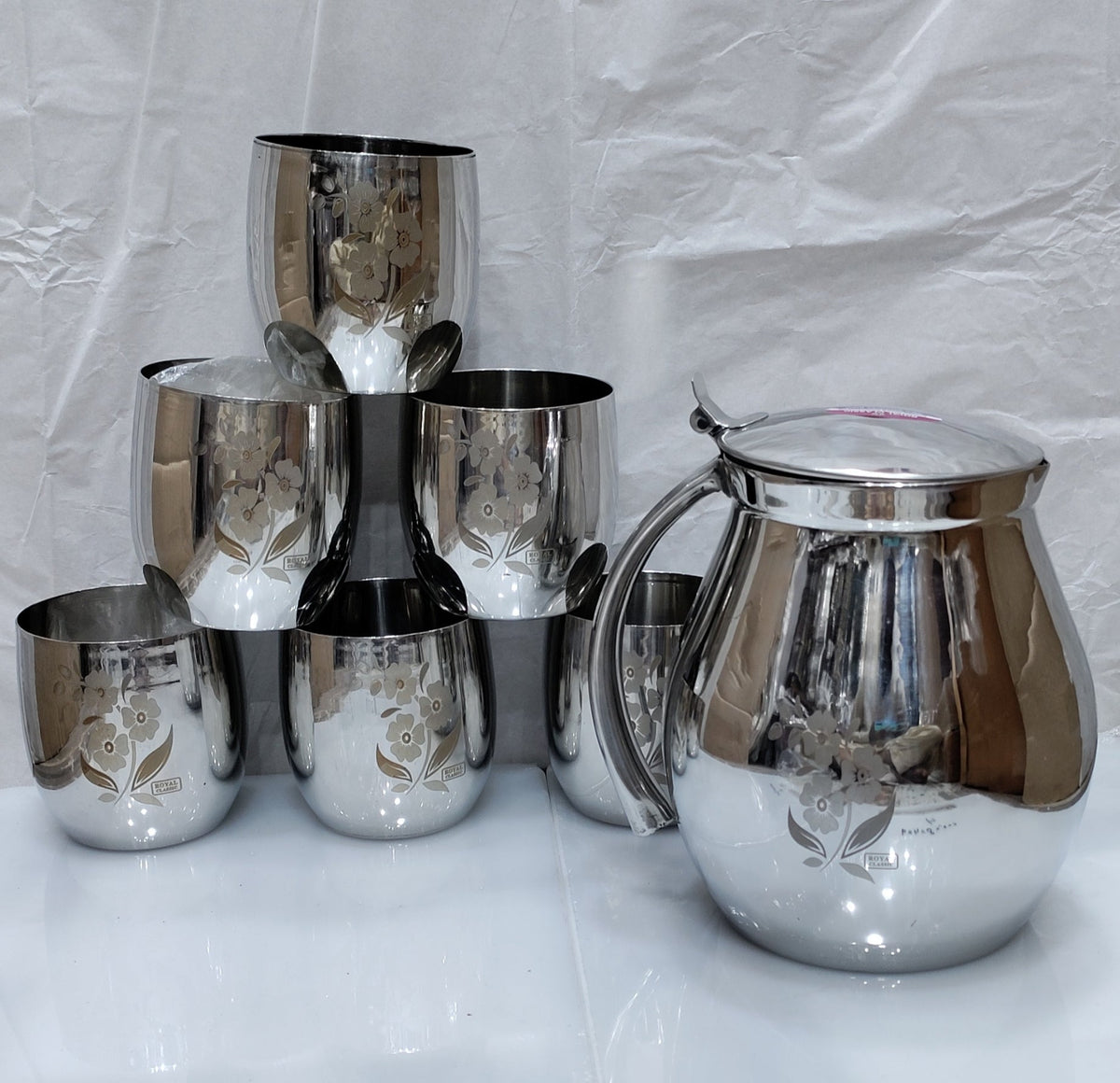 Apple shape steel water set with jug and 6 glasses - product photo | Saify Homes Pakistan