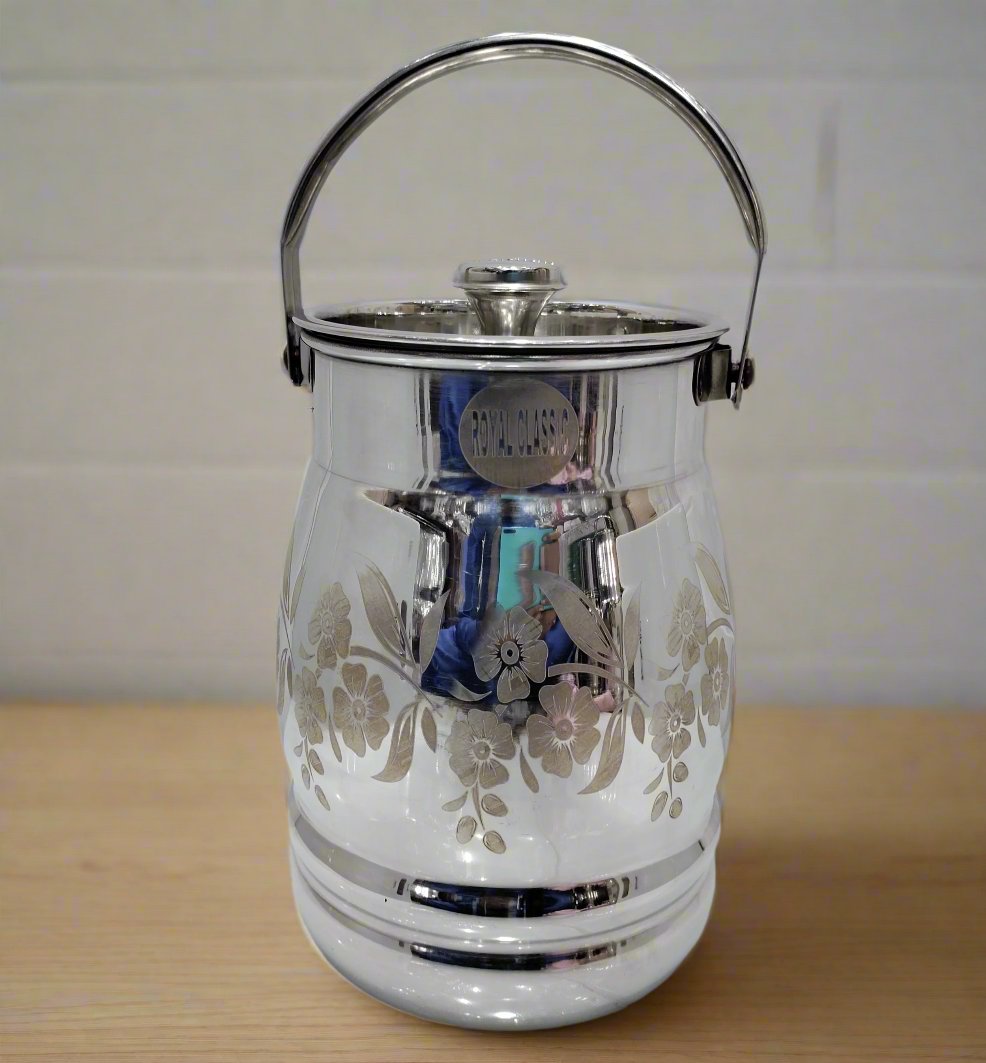 Laser flower print stainless steel ghee and oil can with domed lid | Saify Homes