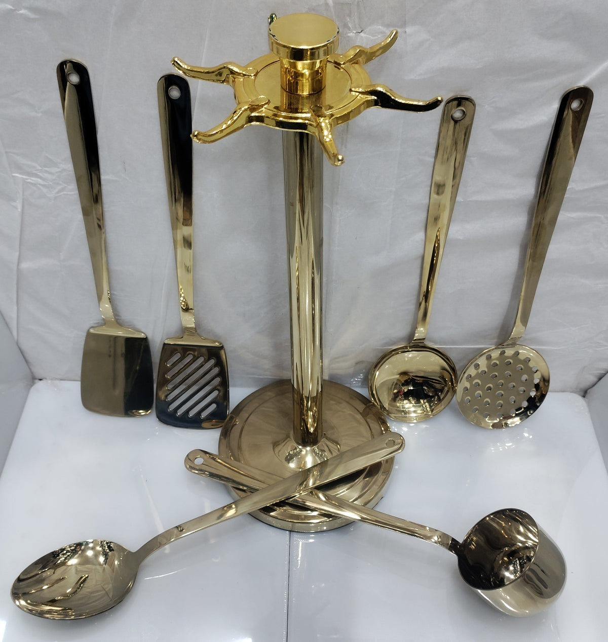 Golden stainless steel kitchen spoon set with stand – photo 2