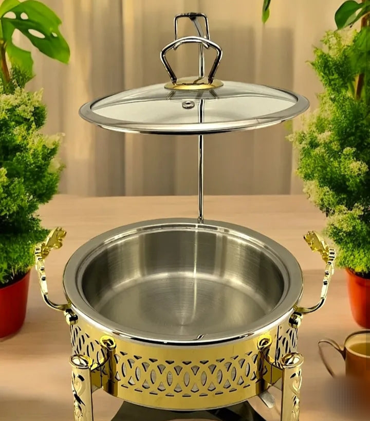 golden round chafing dish with glass lid and stand - view 2