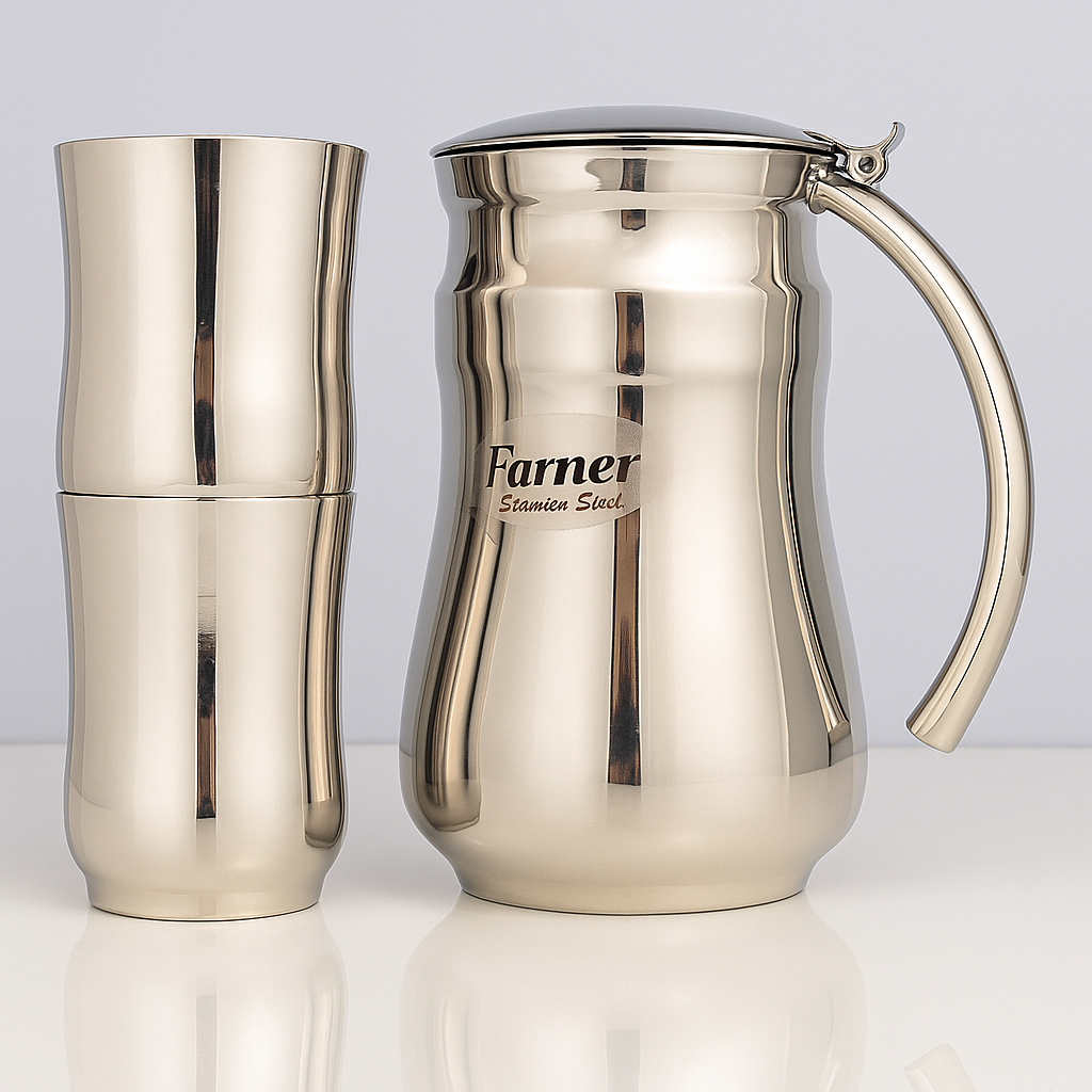 Stainless steel jug and 6 glasses set - product photo | Saify Homes Pakistan