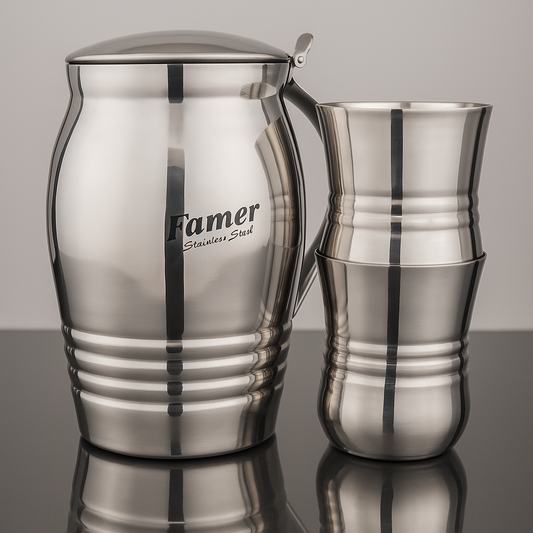 Unique shape 7 piece stainless steel water set - product photo | Saify Homes Pakistan