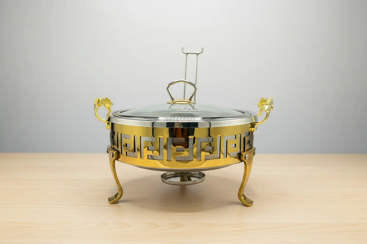 golden Greek key chafing dish with glass lid - view 2