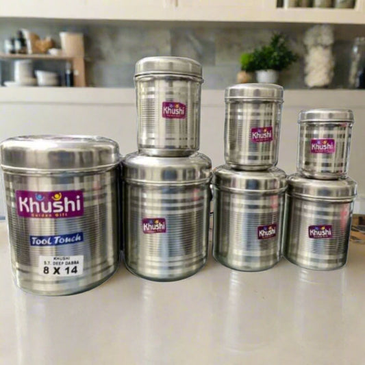 7 piece stainless steel storage dabba set for sugar rice and daal | Saify Homes