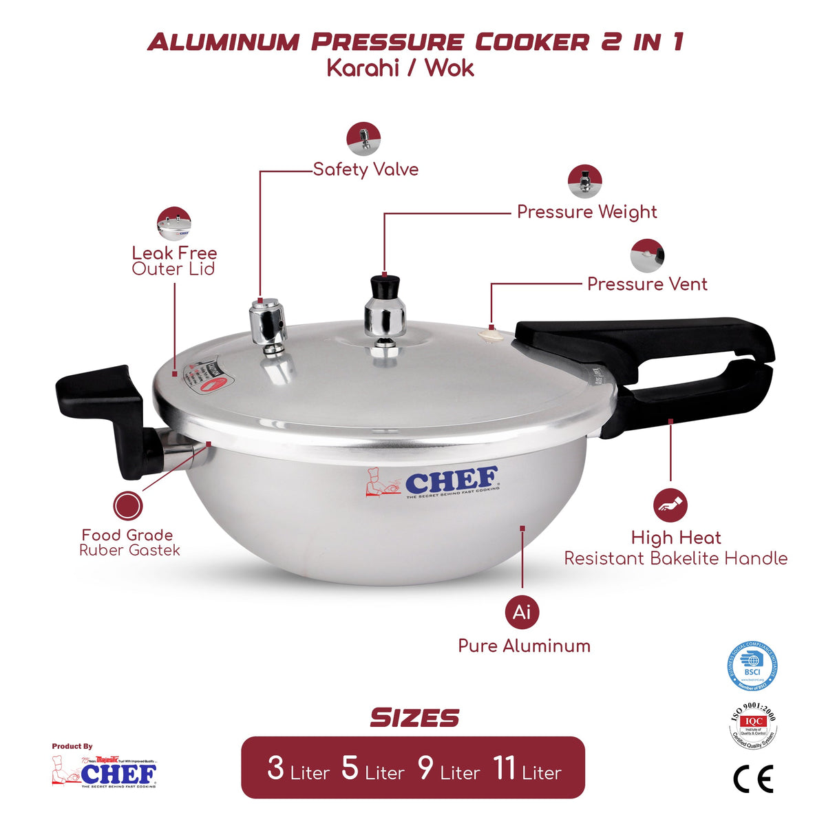 Chef aluminium pressure cooker and karahi with glass lid - view 2