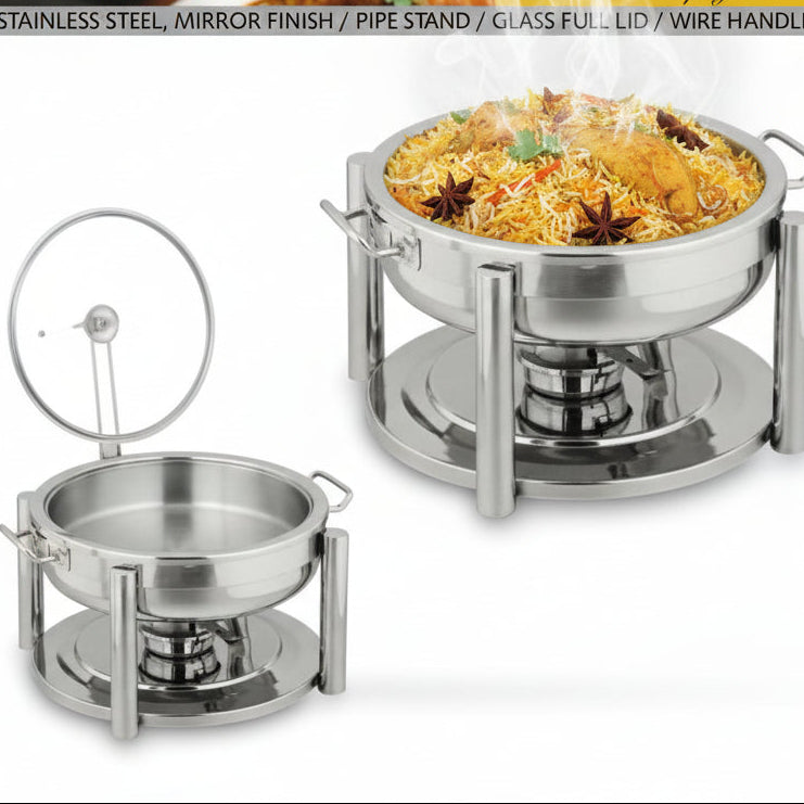 Pearl stainless steel chafing dish with full glass lid and pipe stand
