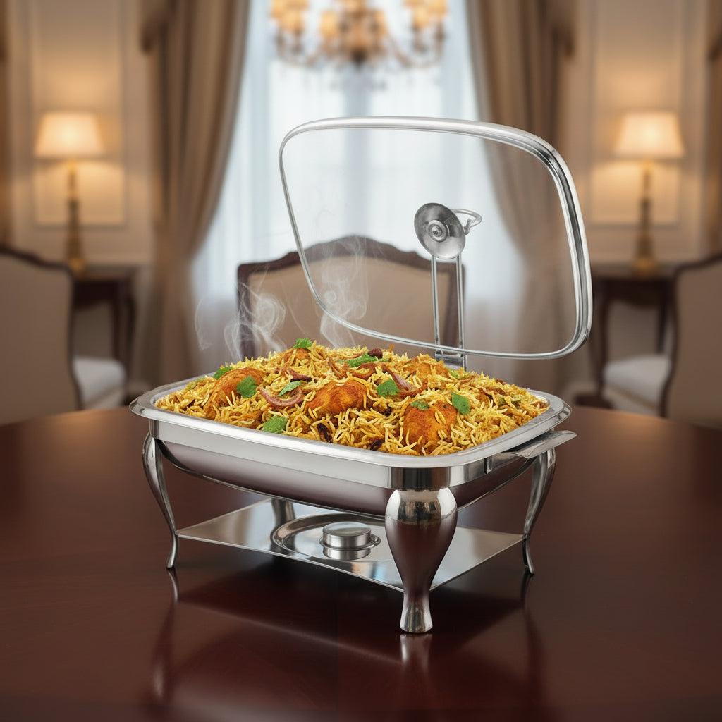 rectangular chafing dish with lift-up glass lid