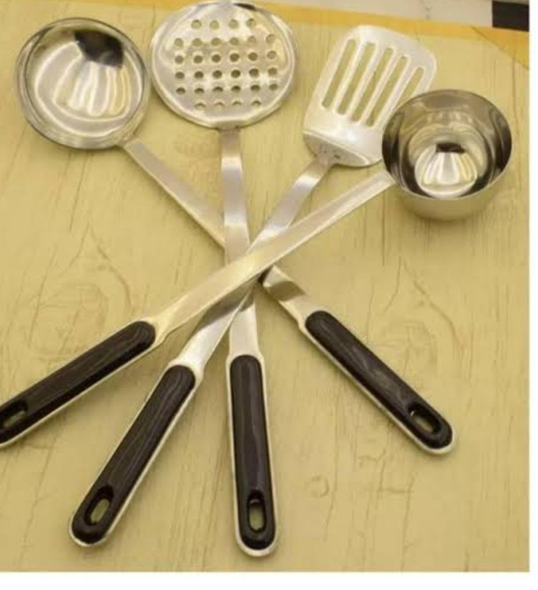 4 piece stainless steel kitchen tools set with ladle, skimmer, turner and scoop | Saify Homes