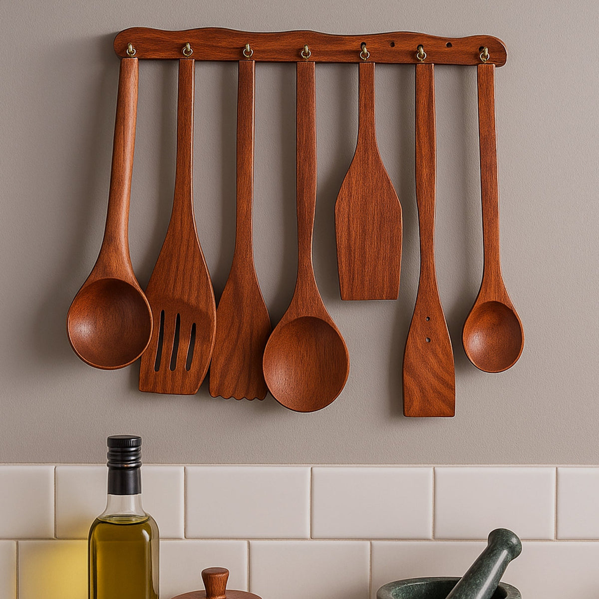 8 piece handmade wooden cooking spoon set with holder | Saify Homes