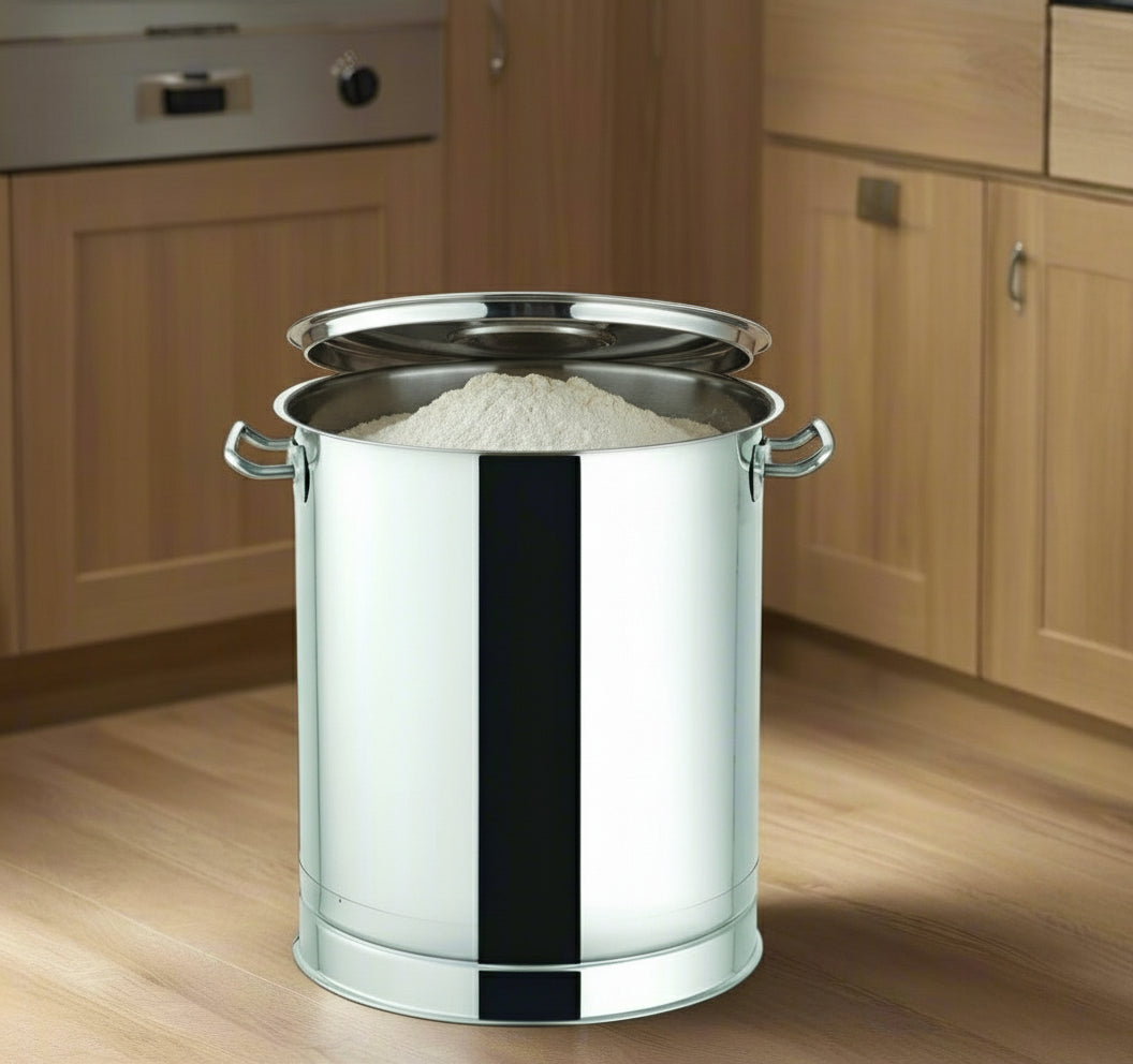 Heavy stainless steel atta drum with lid and side handles – photo 2