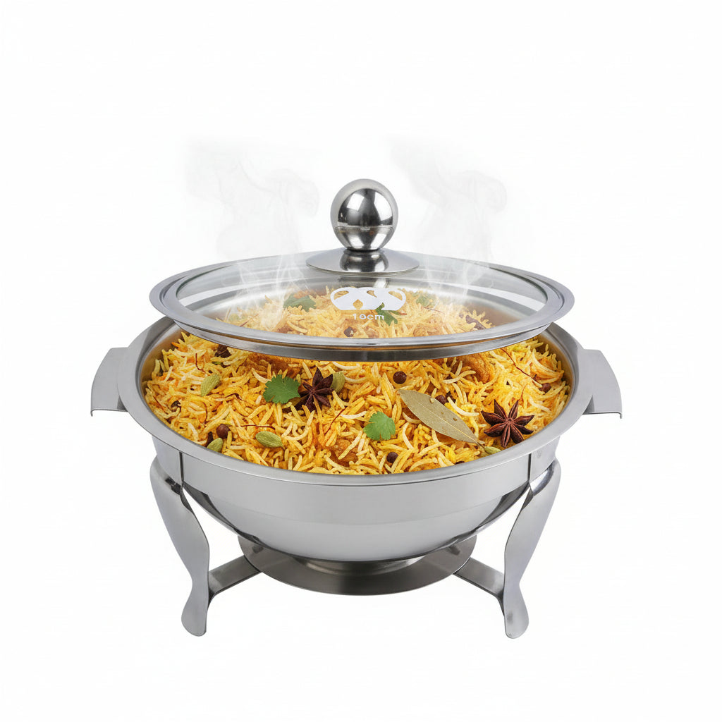 silver round chafing dish with candle warmer and glass lid - view 2