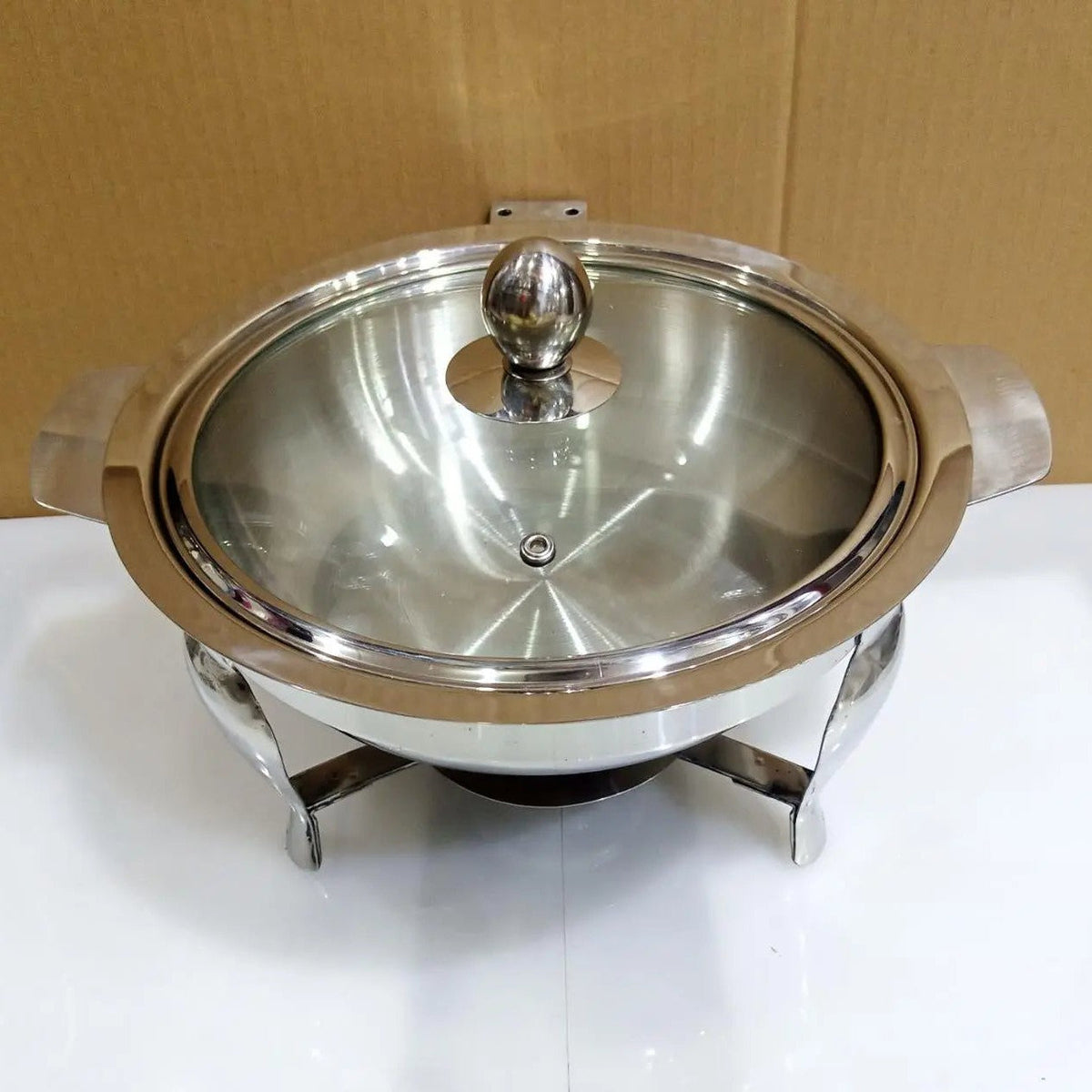 silver round chafing dish with candle warmer and glass lid - view 4