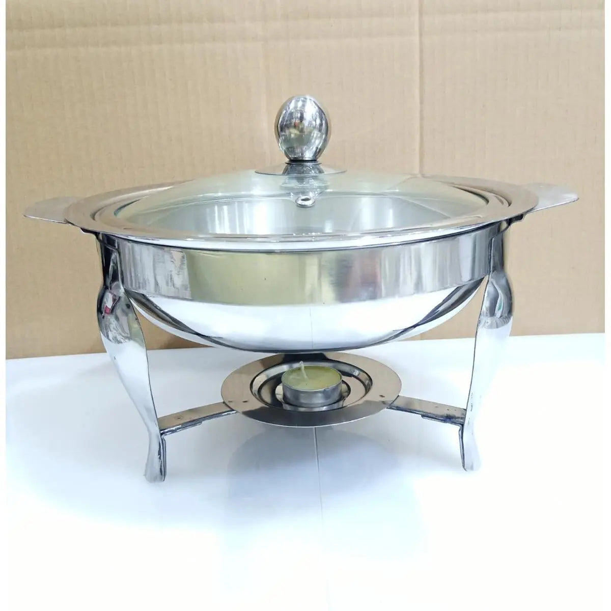 silver round chafing dish with candle warmer and glass lid - view 5