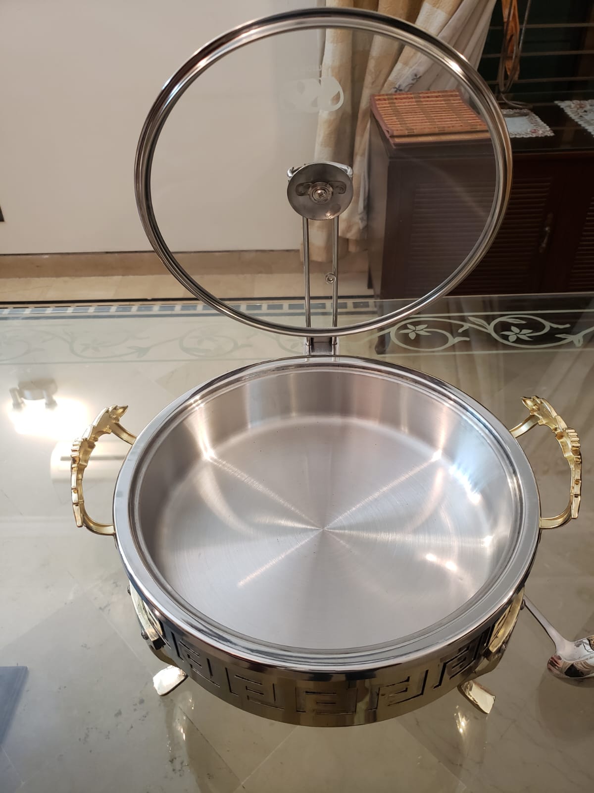golden Greek key chafing dish with glass lid - view 4