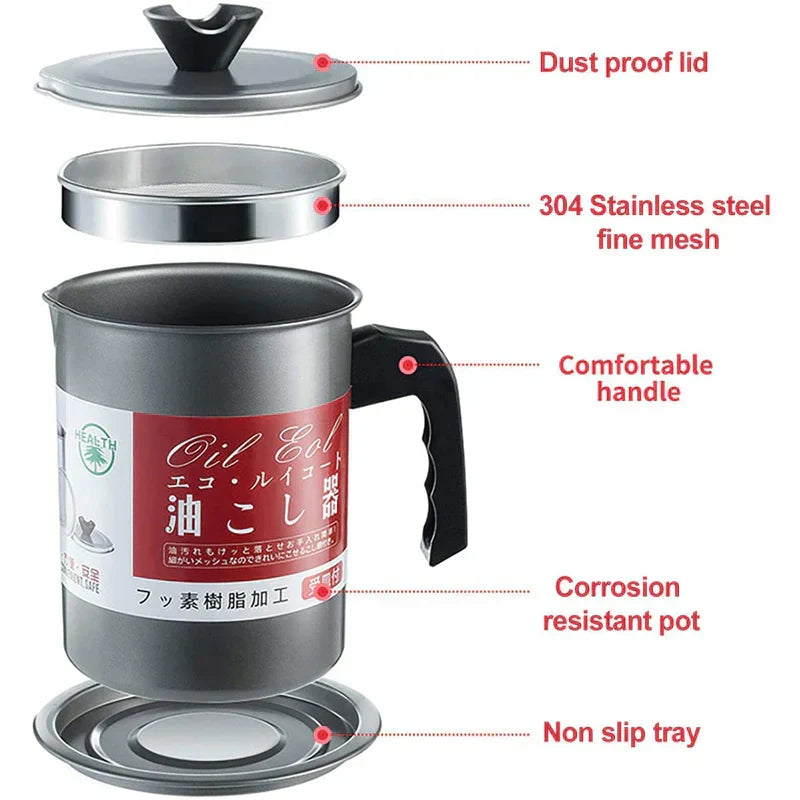 Stainless steel oil filter pot with fine mesh strainer and spout – photo 2