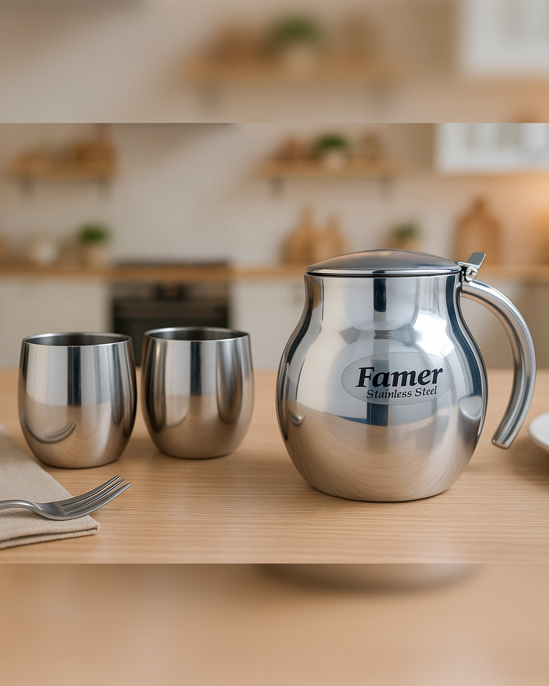 Apple shape 7 piece stainless steel water set - product photo | Saify Homes Pakistan